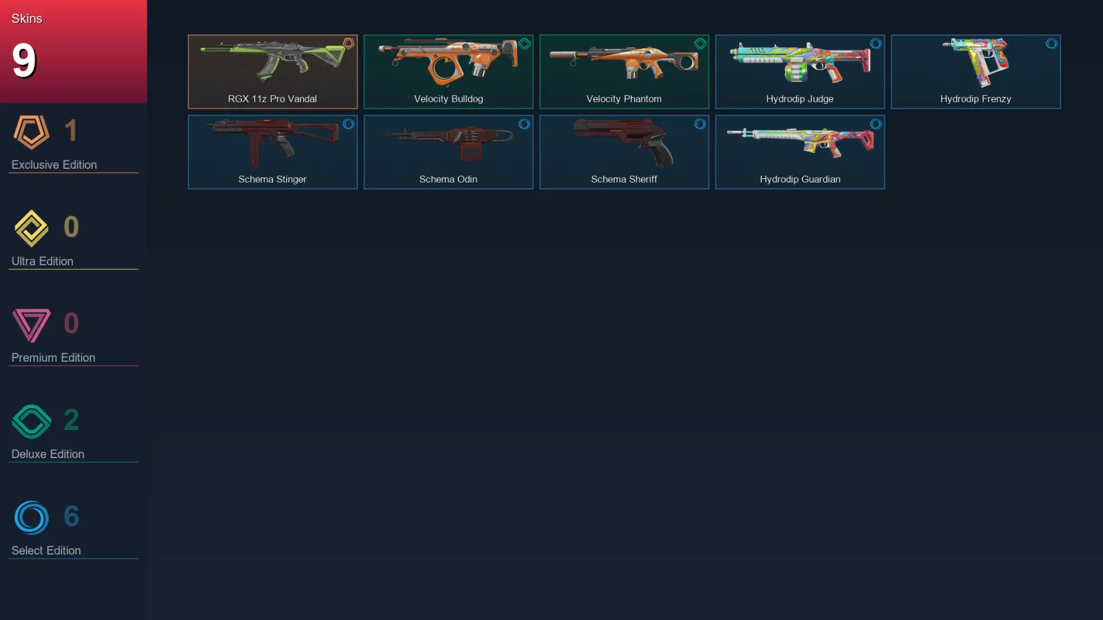 NA | RGX 11z Pro Vandal | Velocity Bulldog | Velocity Phantom | Hydrodip Judge | 9 Skin | 7 Agent | 13 Buddy | Lv25