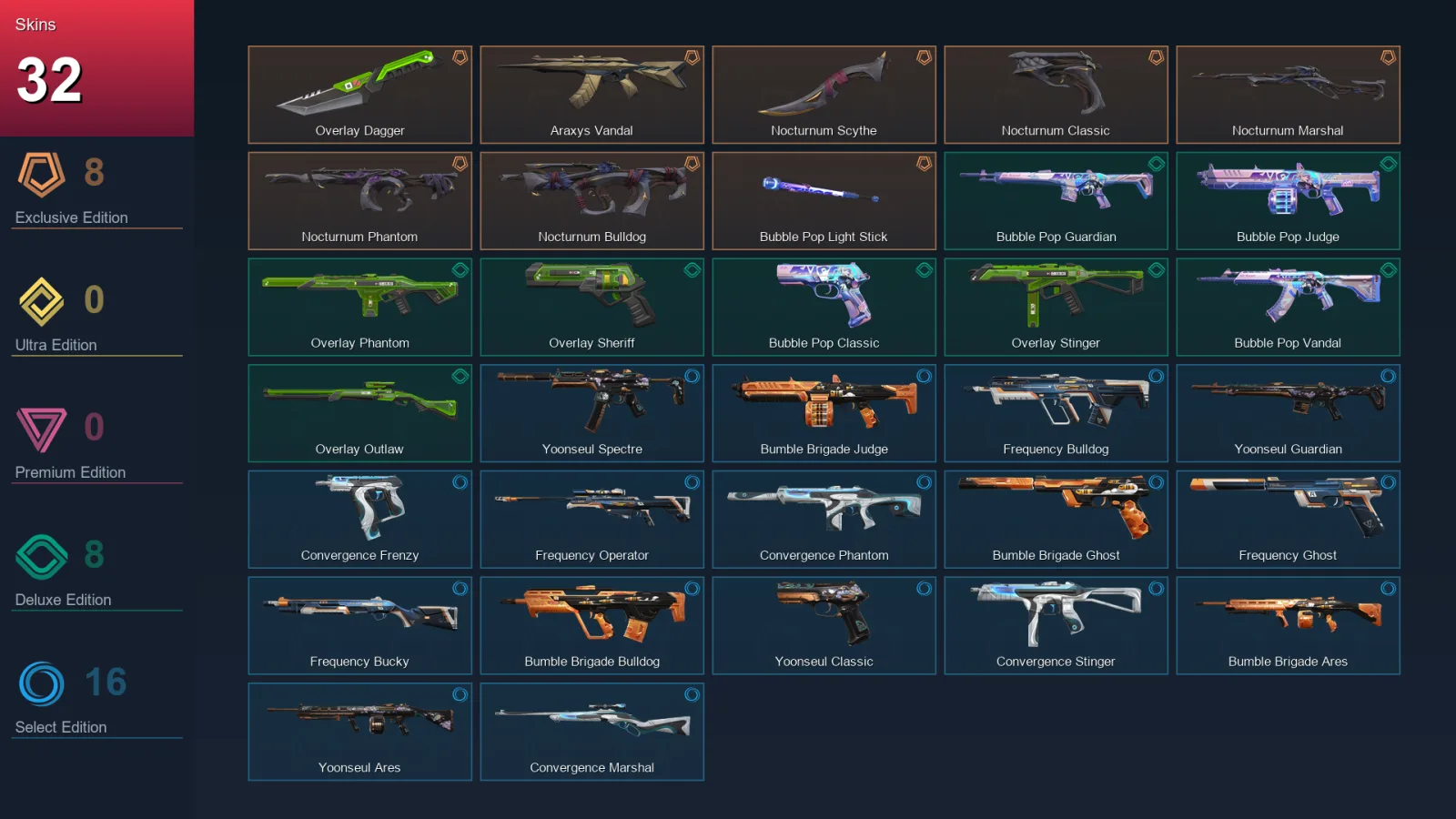 AP | Overlay Dagger | Araxys Vandal | Nocturnum Scythe | Nocturnum Classic | 32 Skin | 20 Agent | 29 Buddy | Lv54