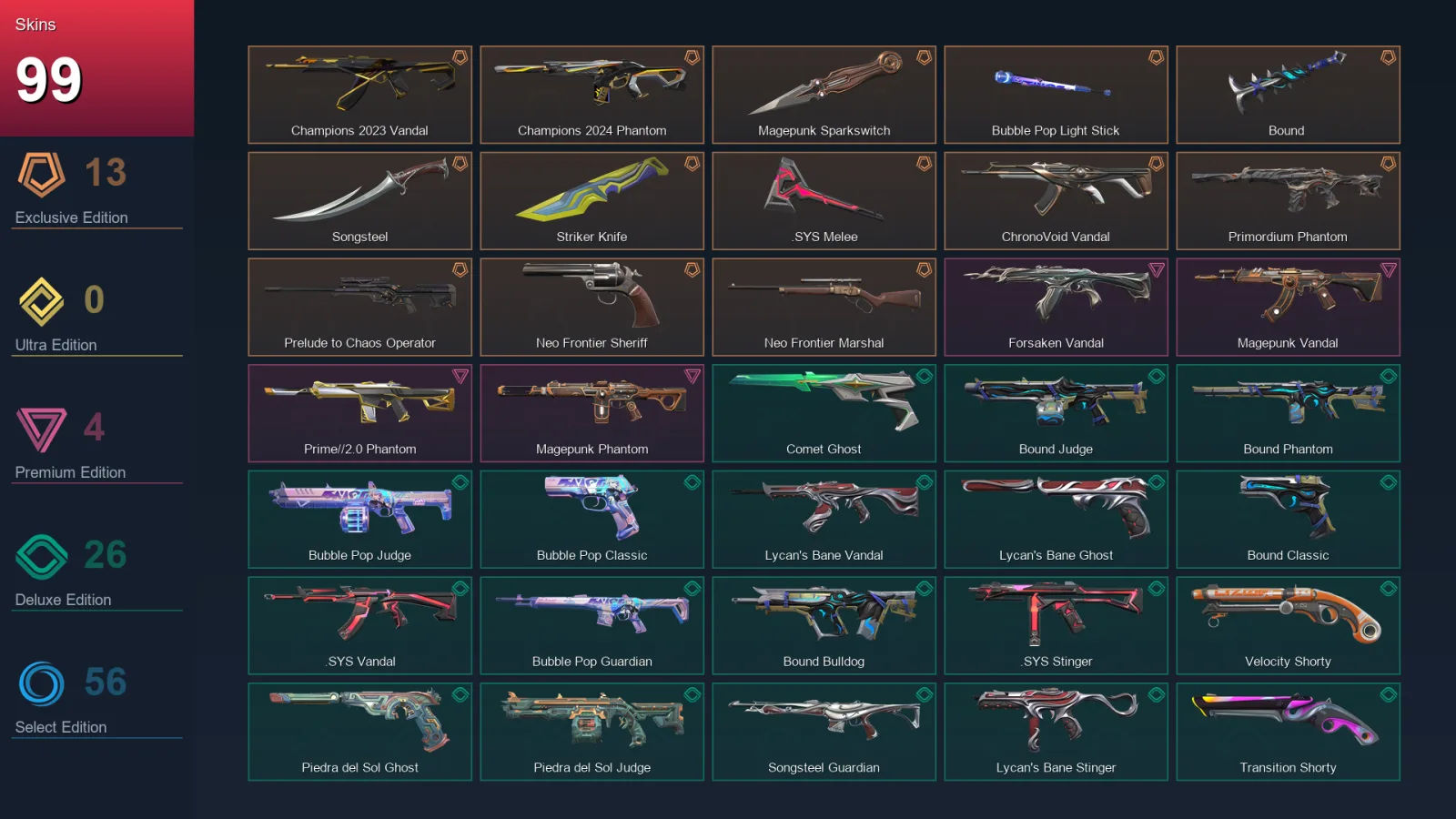 AP | Lv297 | Unranked | 99 Skin | 25 Agent | 129 Buddy — Comet Ghost
