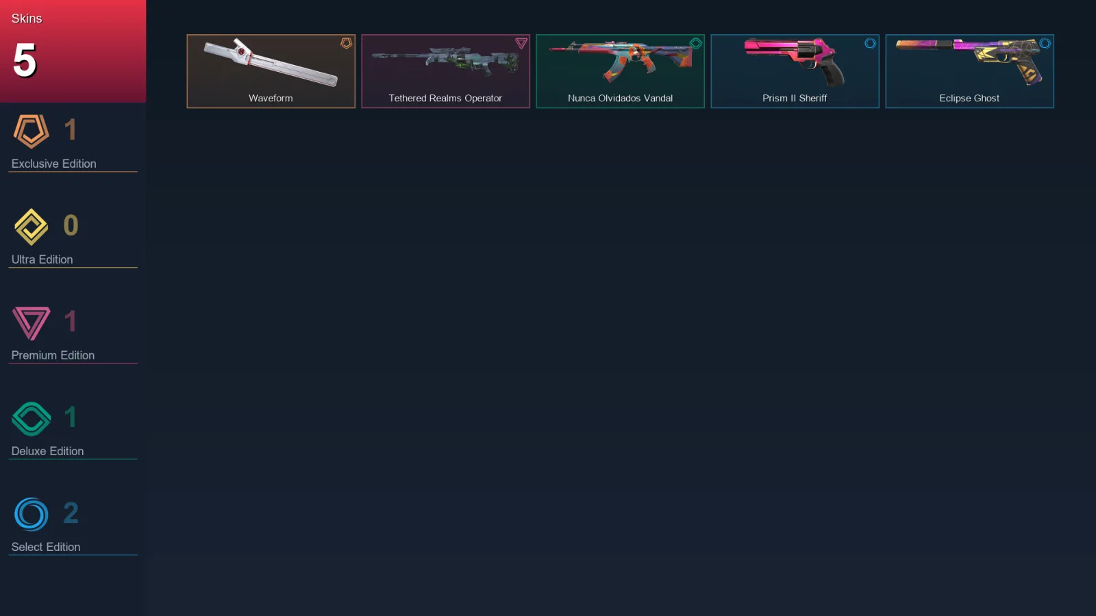 EU | Waveform | Tethered Realms Operator | Nunca Olvidados Vandal | Prism II Sheriff | 5 Skin | 17 Agent | 23 Buddy | Lv52