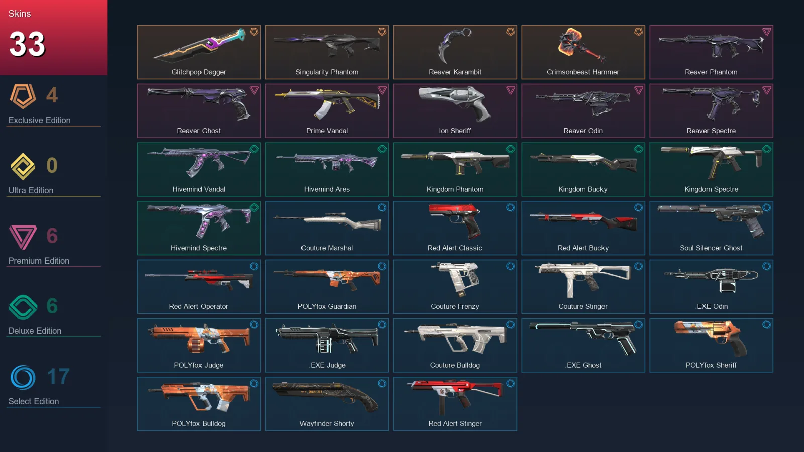 EU | Lv82 | Unranked | 33 Skin | 18 Agent | 55 Buddy