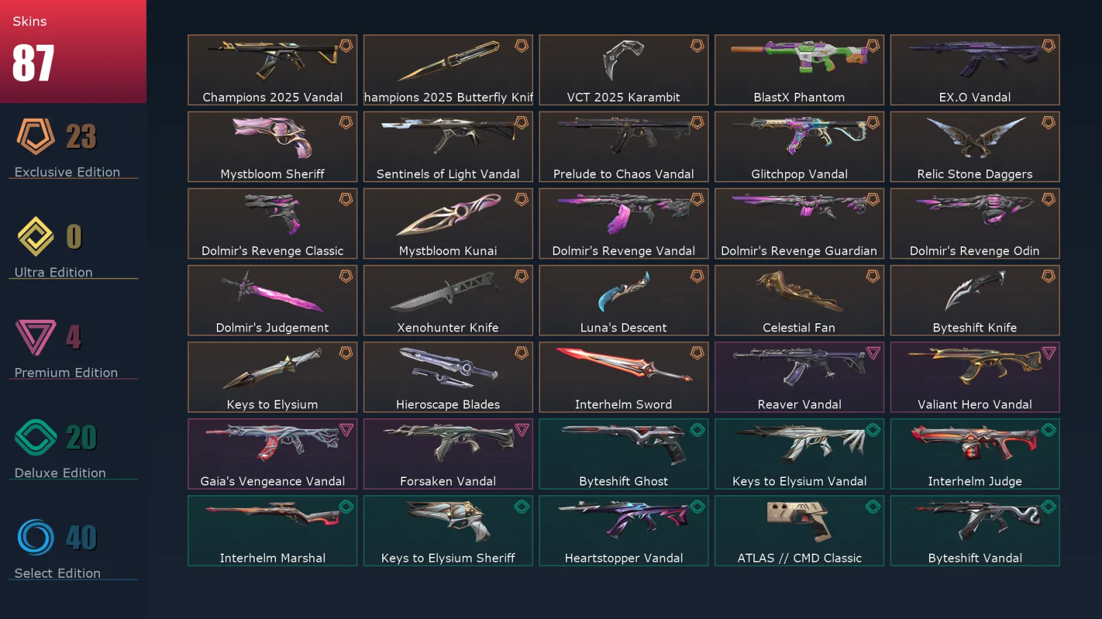 [Valorant] | EU | Level 187 | Ascendant 1 | 29 Agents | 87 Skins