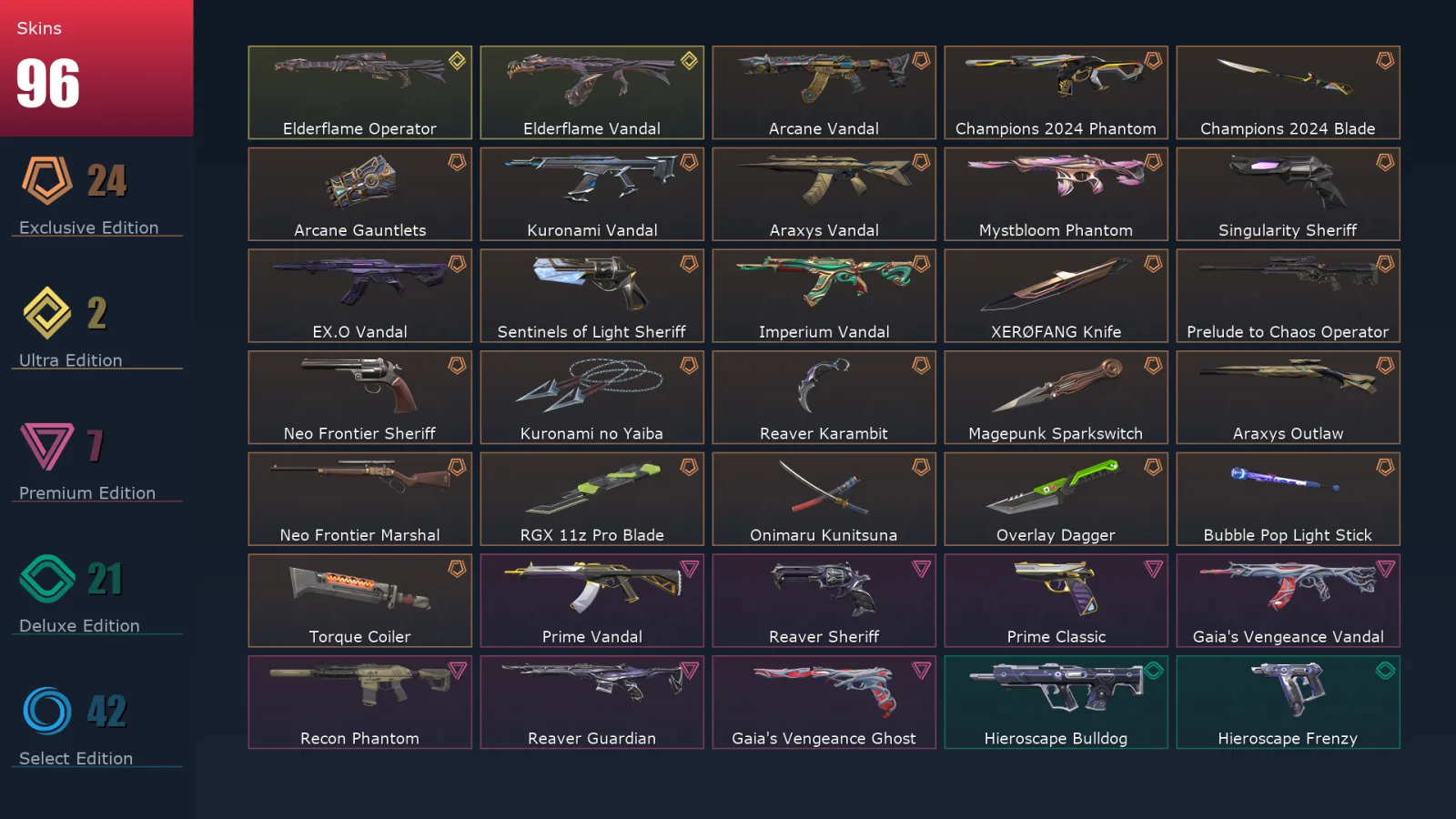 [Valorant] | EU | Level 201 | 29 Agents | 96 Skins