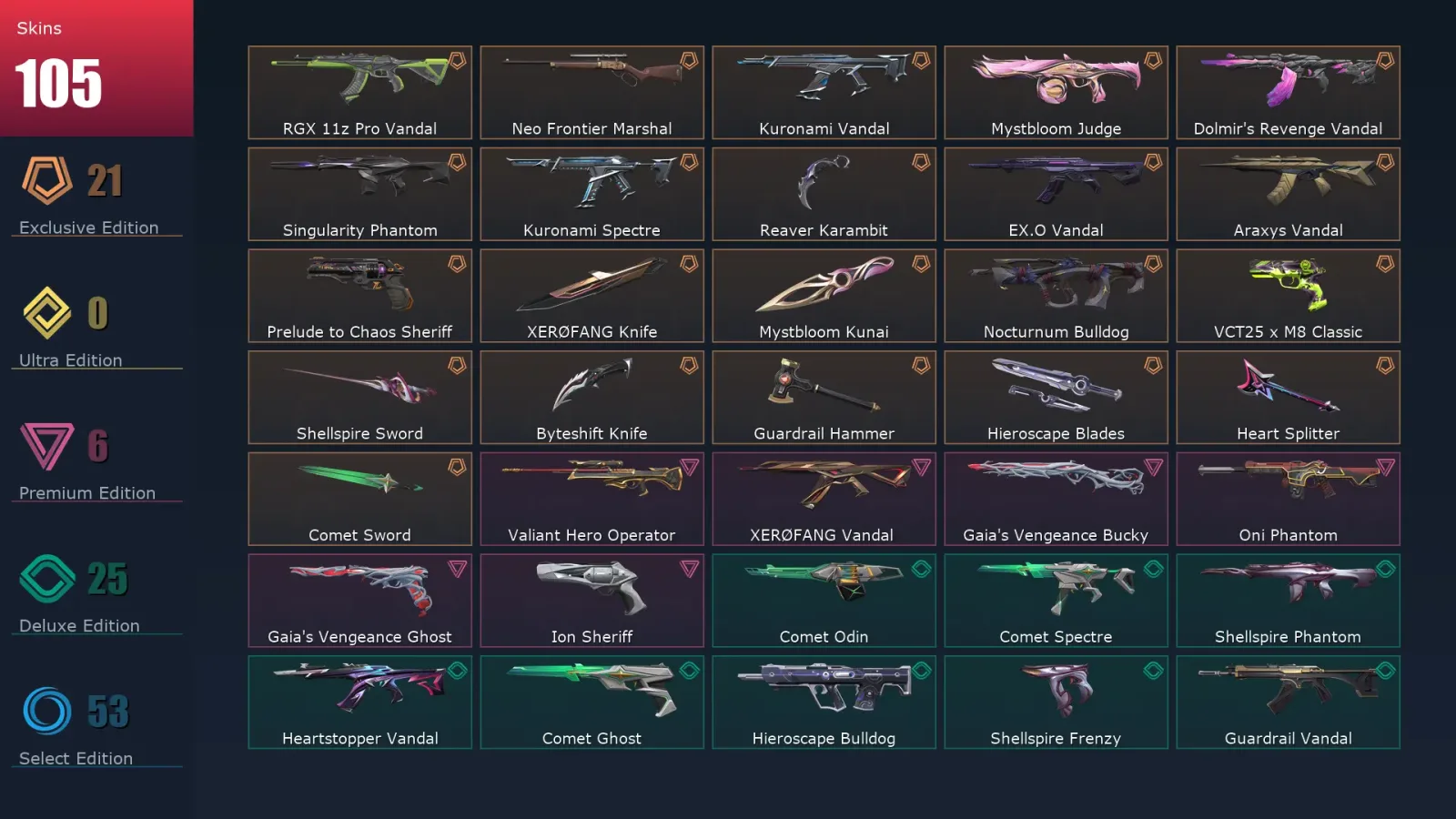 [Valorant] | EU | Level 197 | Bronze 2 | 29 Agents | 105 Skins