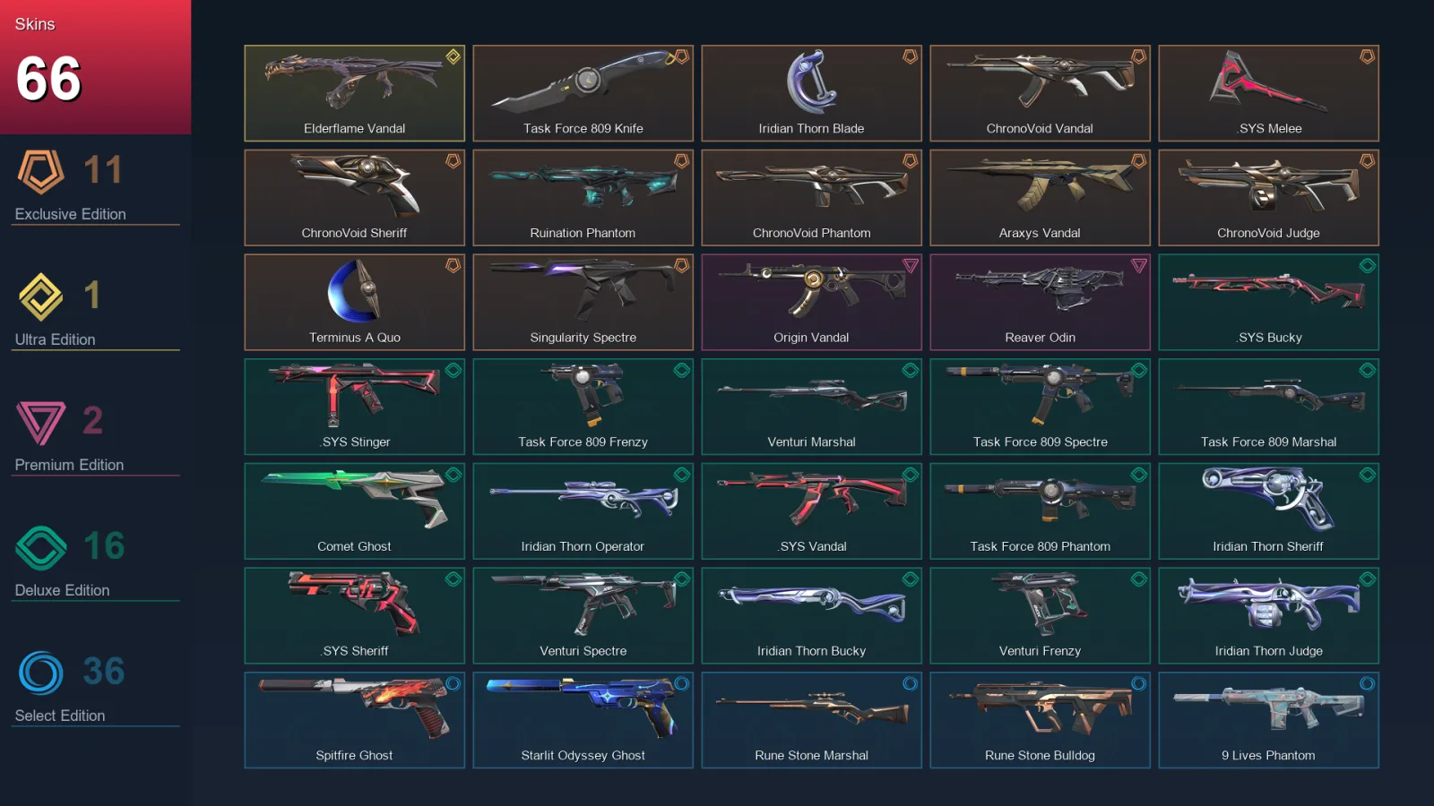 AP | Task Force 809 Knife | Iridian Thorn Blade | ChronoVoid Vandal | .SYS Melee | 66 Skin | 26 Agent | 94 Buddy | Lv182