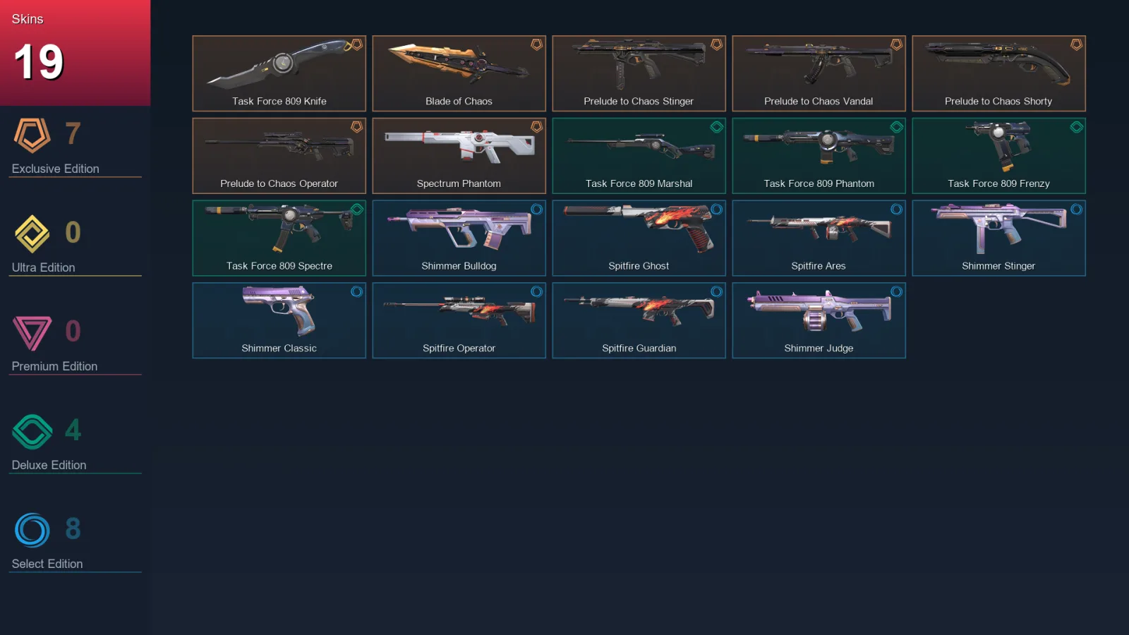 AP | Task Force 809 Knife | Blade of Chaos | Prelude to Chaos Stinger | Prelude to Chaos Vandal | 19 Skin | 11 Agent | 13 Buddy | Lv32