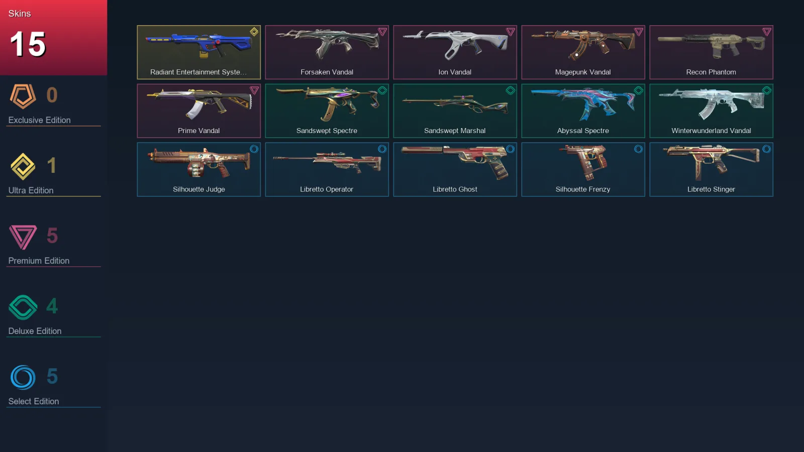 NA | Lv36 | Unranked | 15 Skin | 12 Agent | 17 Buddy