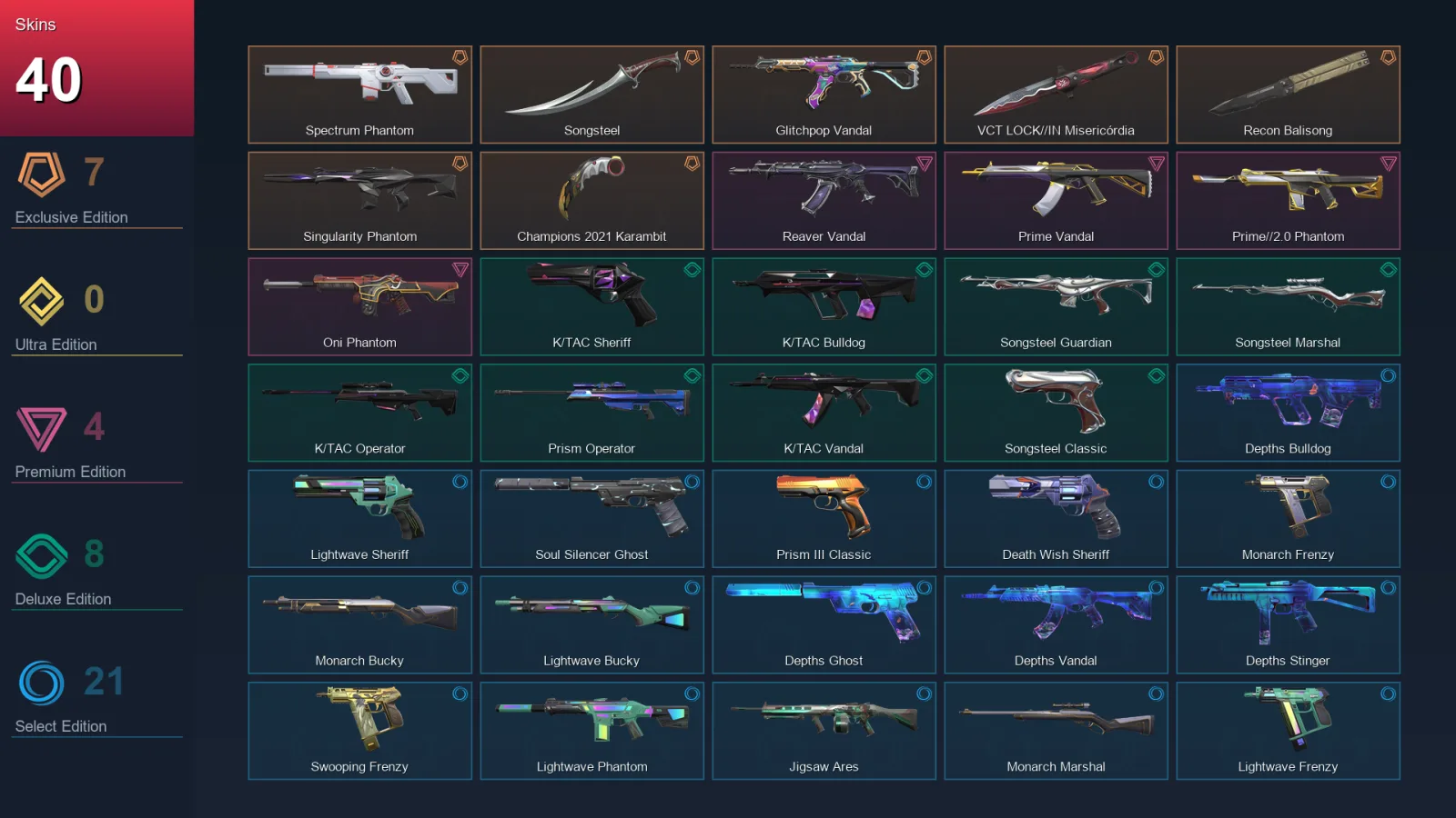 AP | Spectrum Phantom | Songsteel | Glitchpop Vandal | VCT LOCK//IN Misericórdia | 40 Skin | 27 Agent | 72 Buddy | Lv164