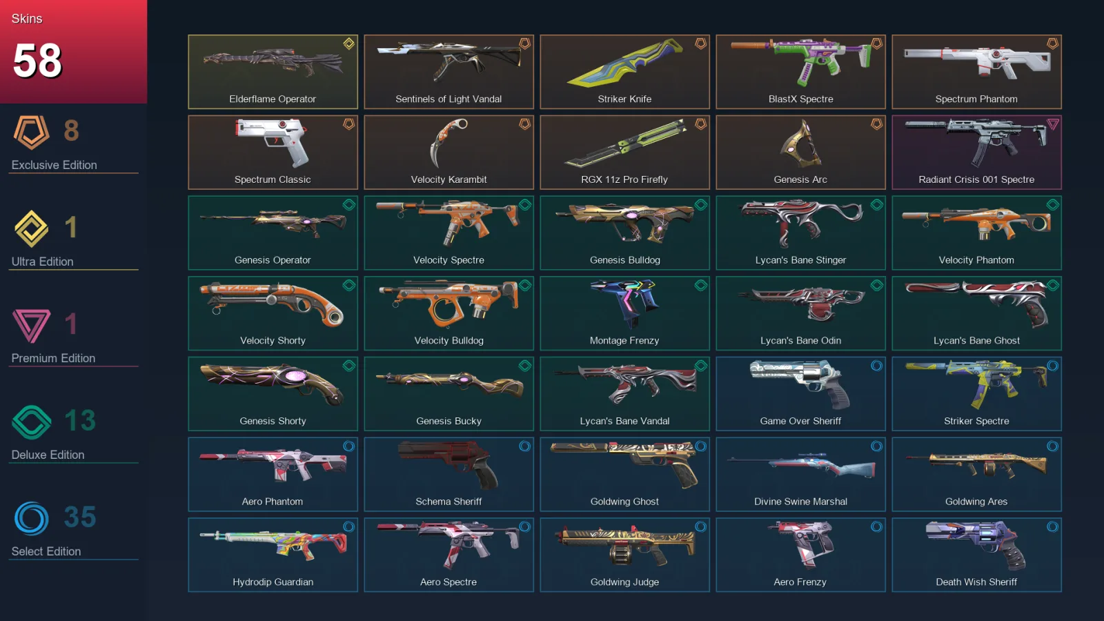 LA | Lv184 | Unranked | 58 Skin | 28 Agent | 93 Buddy — Valorant account