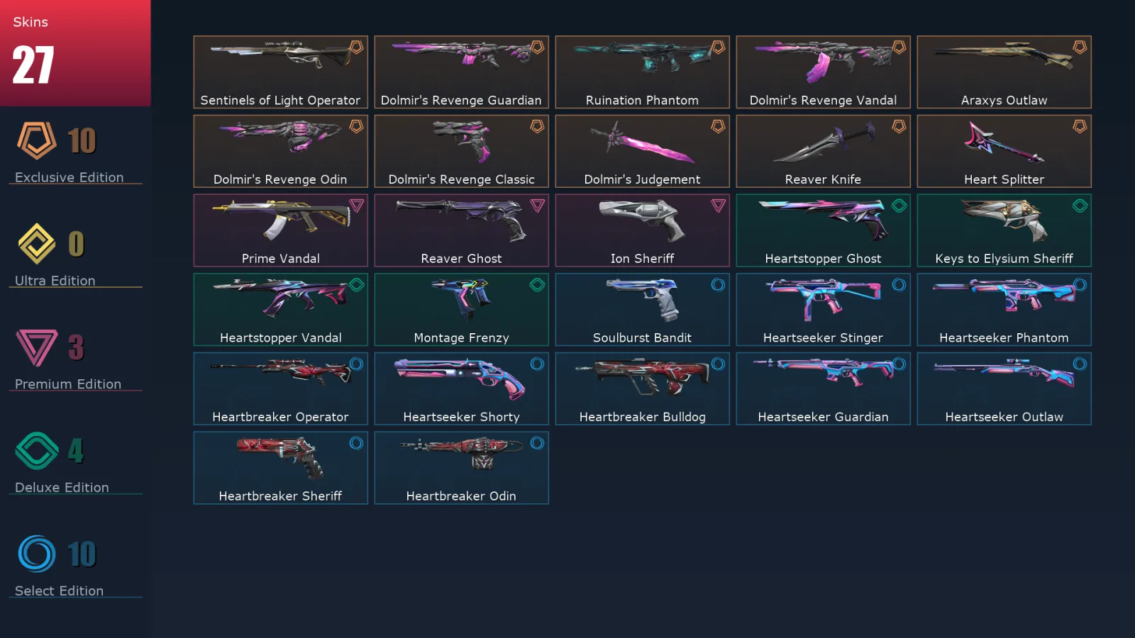 [Valorant] | EU | Level 97 | Silver 3 | 29 Agents | 27 Skins