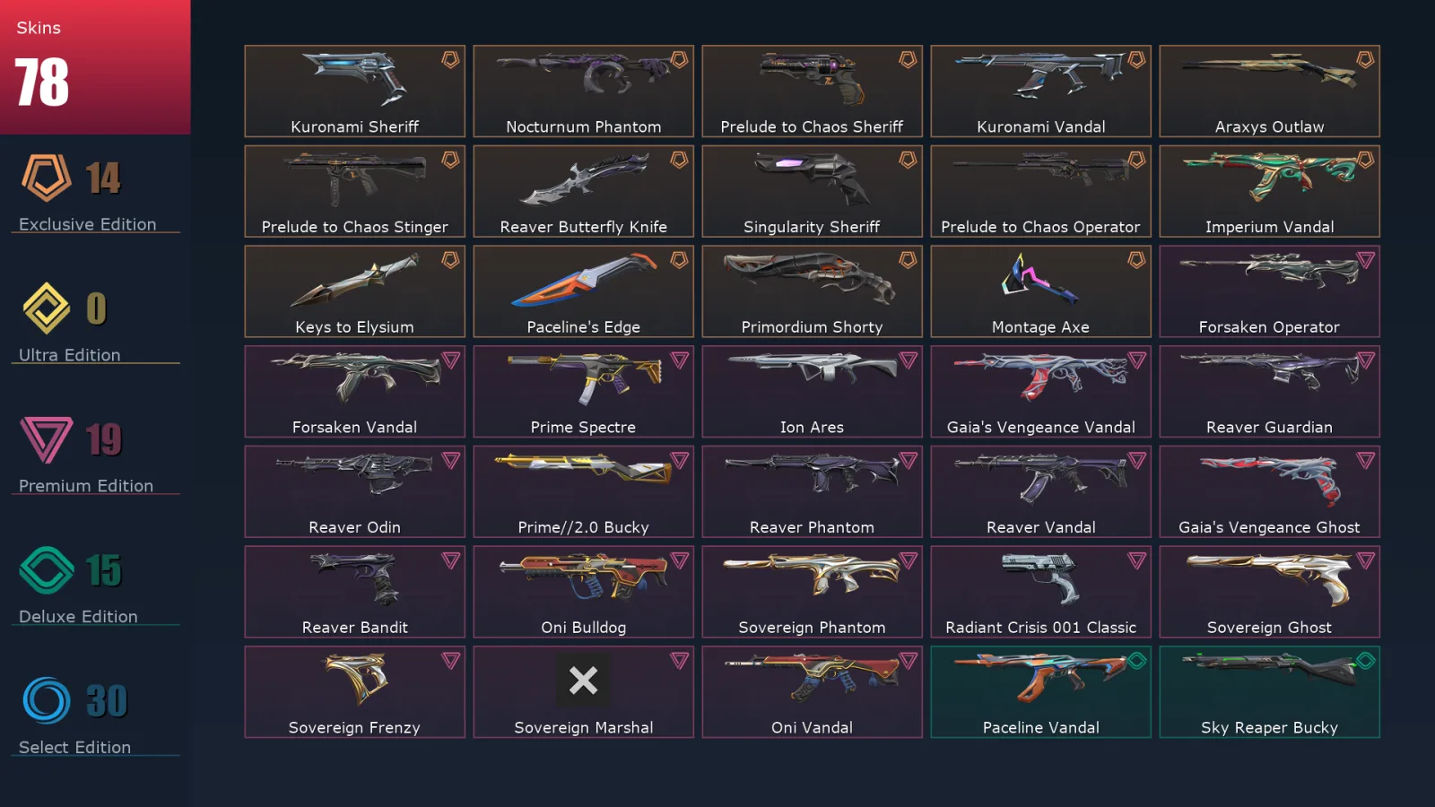 [Valorant] | EU | Level 75 | Platinum 2 | 21 Agents | 78 Skins