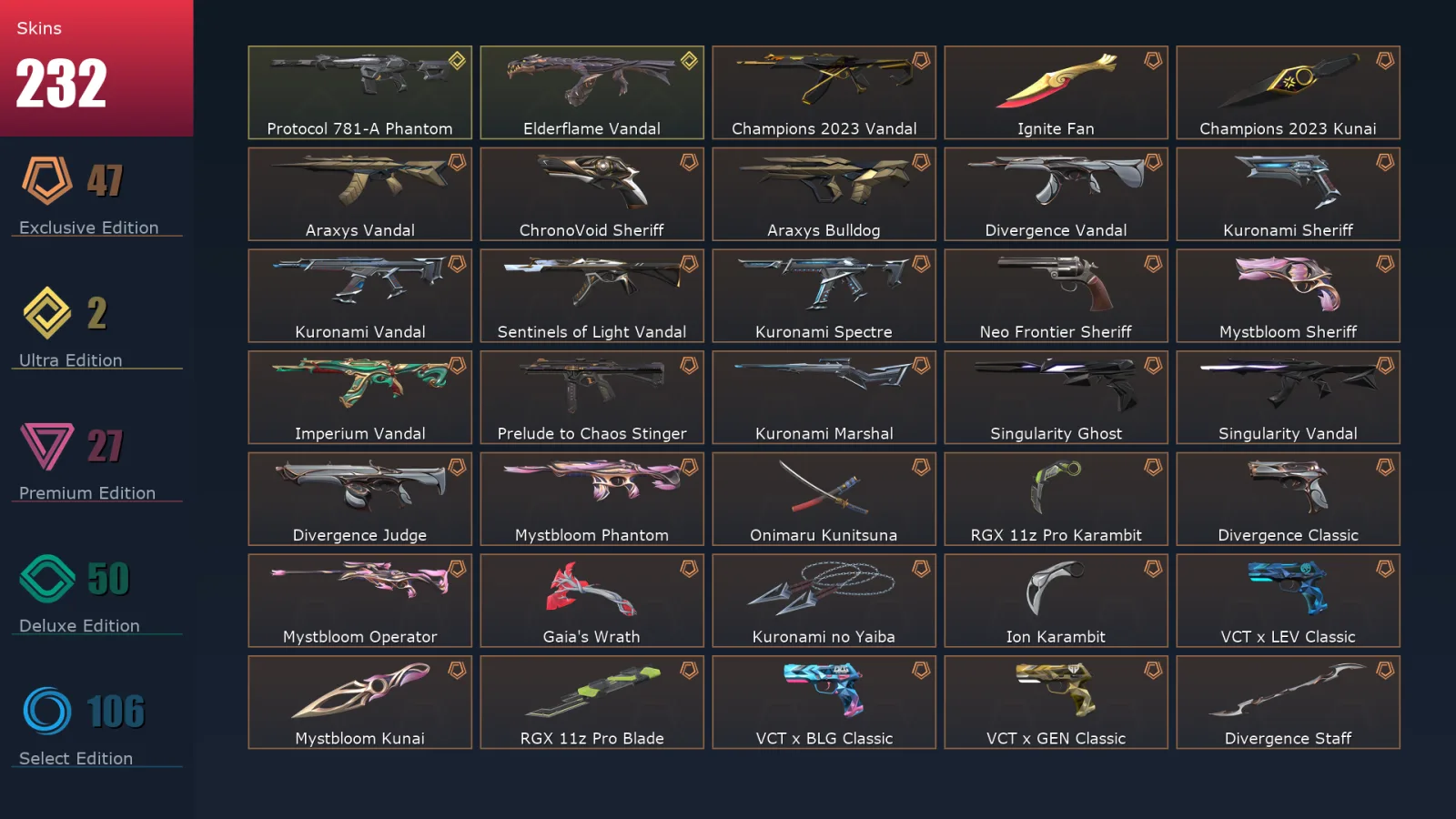 [Valorant] | EU | Level 275 | 27 Agents | 232 Skins
