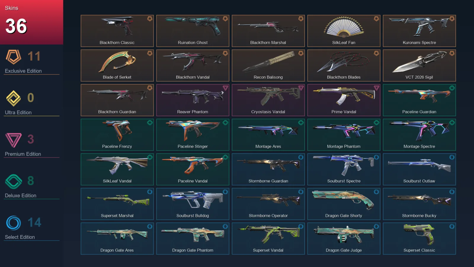 EU | Lv36 | Unranked | 36 Skin | 13 Agent | 23 Buddy
