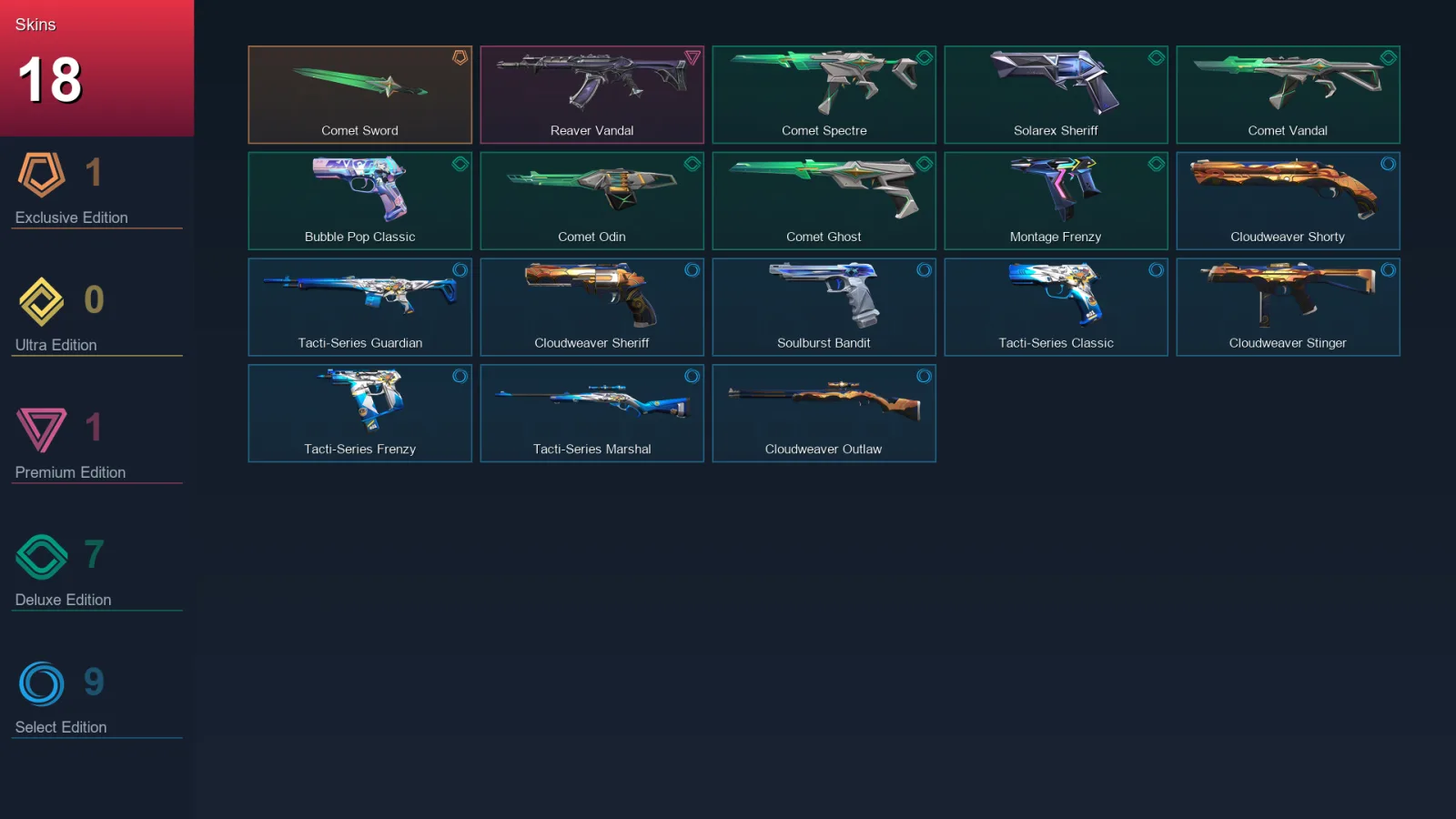 AP | Comet Sword | Reaver Vandal | Comet Spectre | Solarex Sheriff | 18 Skin | 28 Agent | 49 Buddy | Lv124