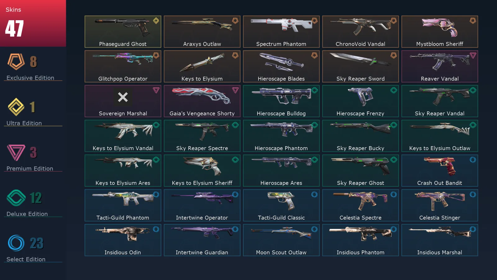 [Valorant] | EU | Level 59 | Diamond 3 | 18 Agents | 47 Skins