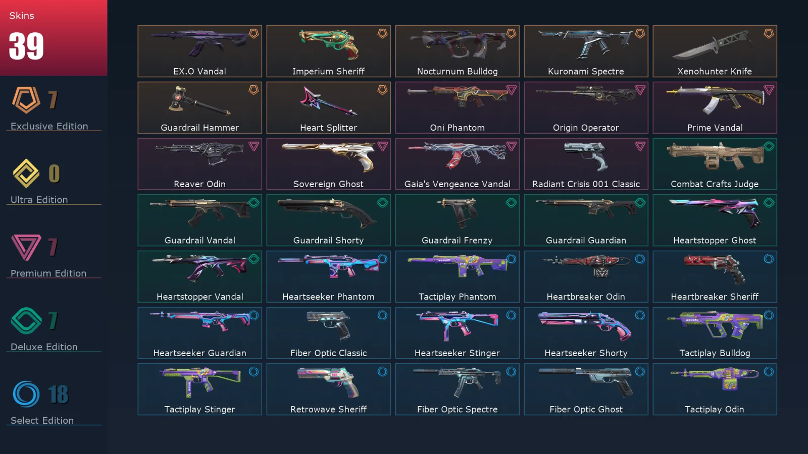 [Valorant] | EU | Level 123 | Platinum 2 | 28 Agents | 39 Skins