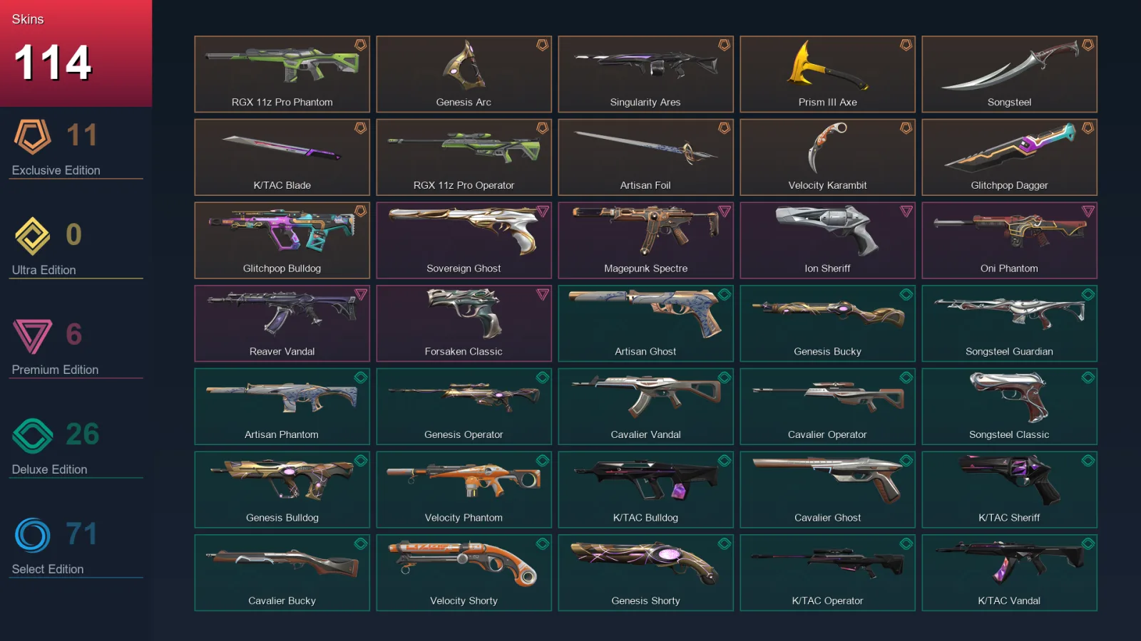 AP | Lv380 | Unranked | 114 Skin | 29 Agent | 165 Buddy — Songsteel Marshal