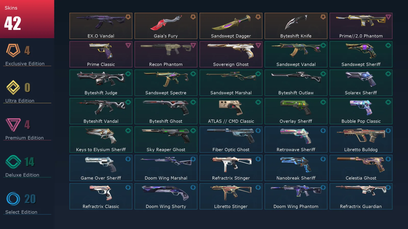 [Valorant] | EU | Level 1 | Immortal 1 | 29 Agents | 42 Skins