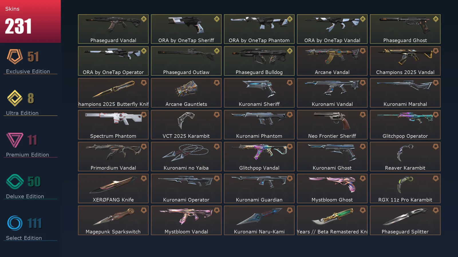 [Valorant] | EU | Level 173 | Platinum 2 | 28 Agents | 231 Skins