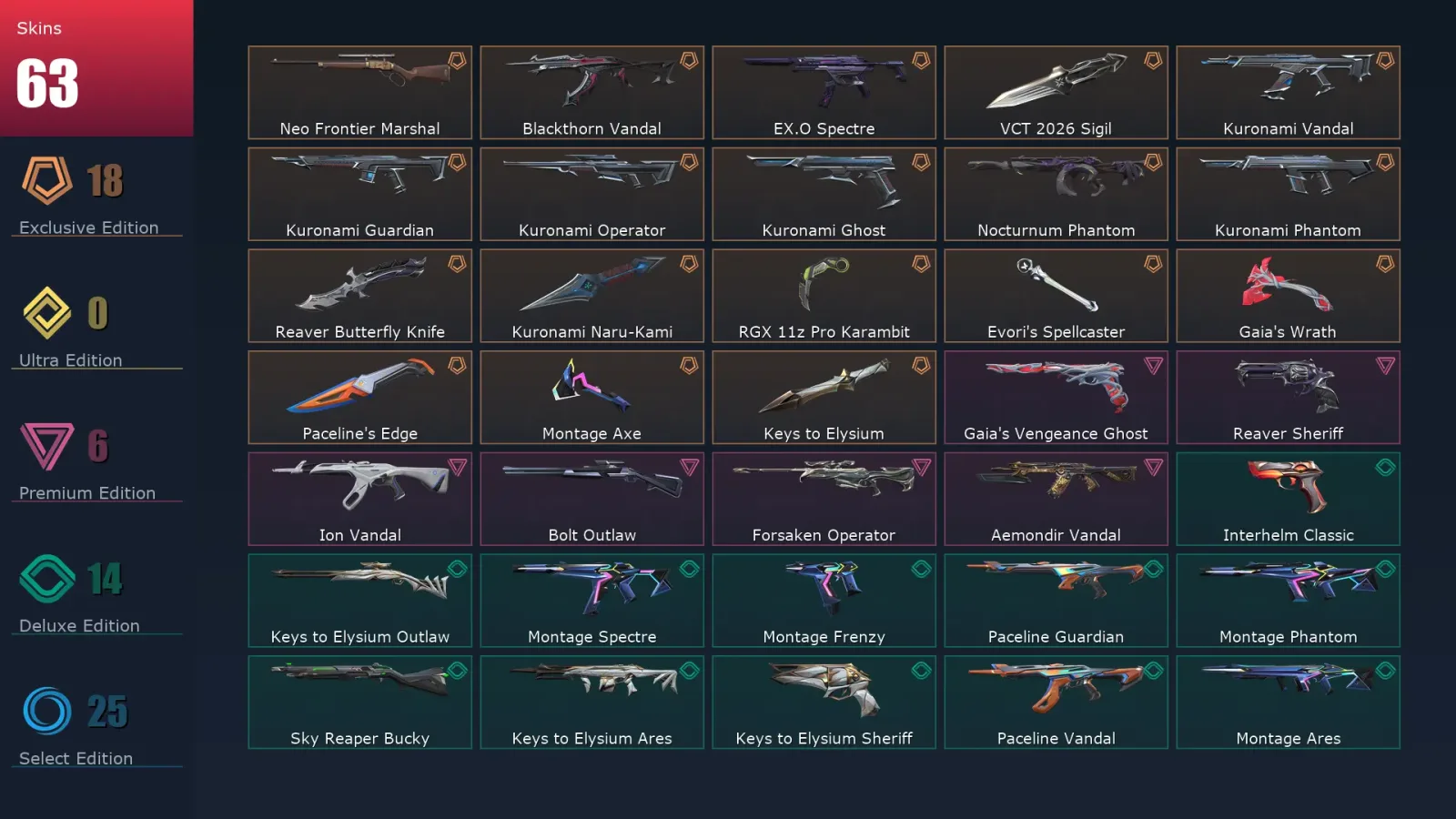 [Valorant] | EU | Level 100 | 16 Agents | 63 Skins