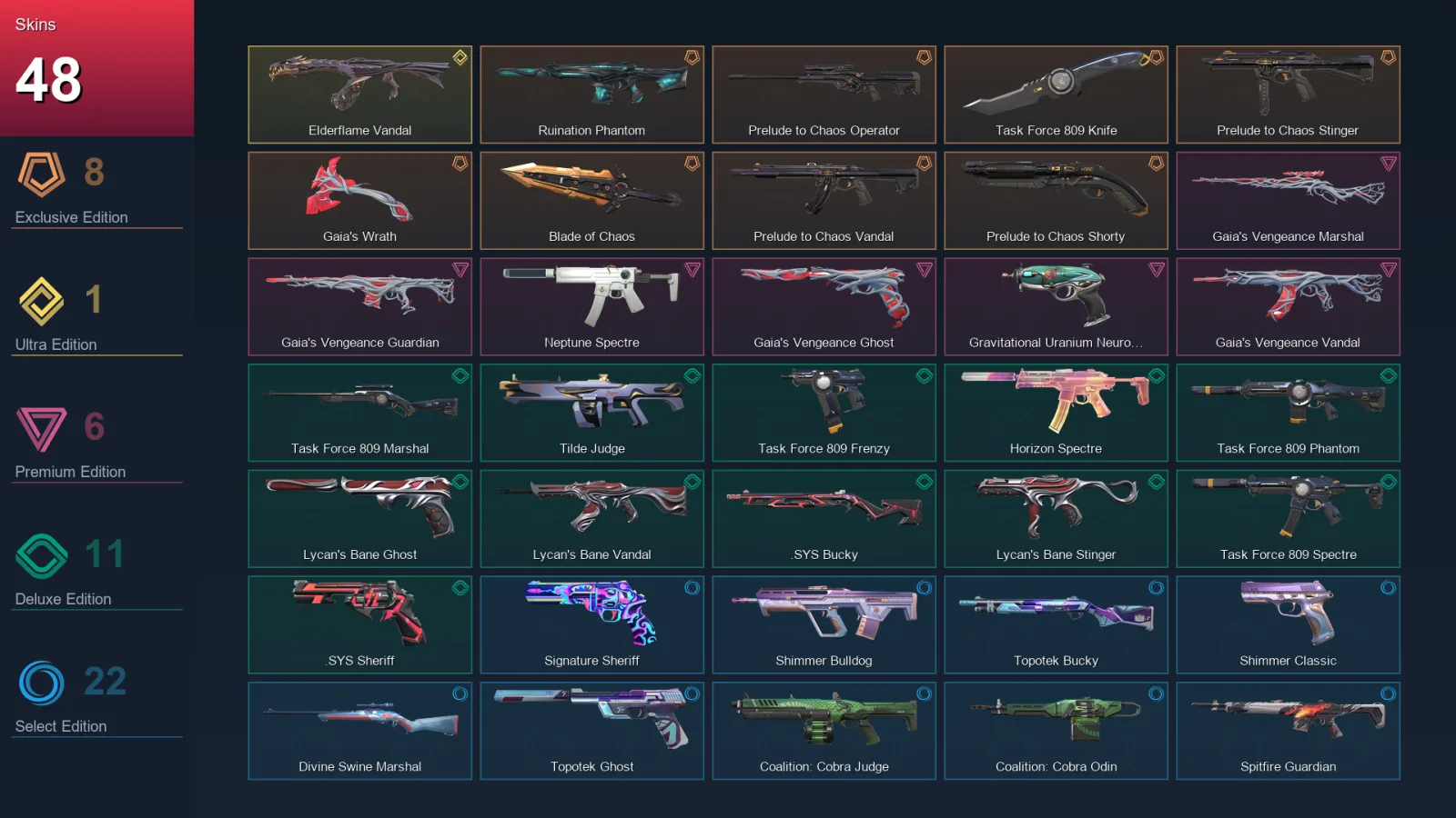 NA | Lv46 | Unranked | 48 Skin | 17 Agent | 40 Buddy — Blade Of Chaos