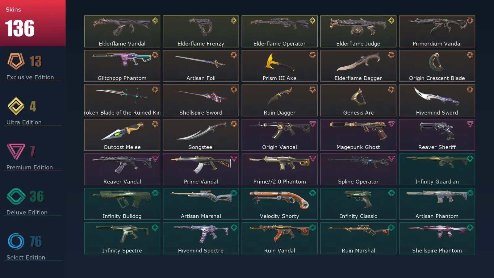 [Valorant] | EU | Level 304 | Platinum 2 | 29 Agents | 136 Skins