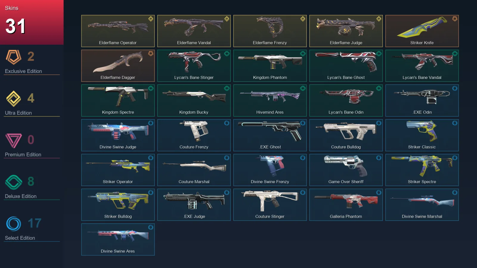 NA | Lv46 | Unranked | 31 Skin | 14 Agent | 32 Buddy