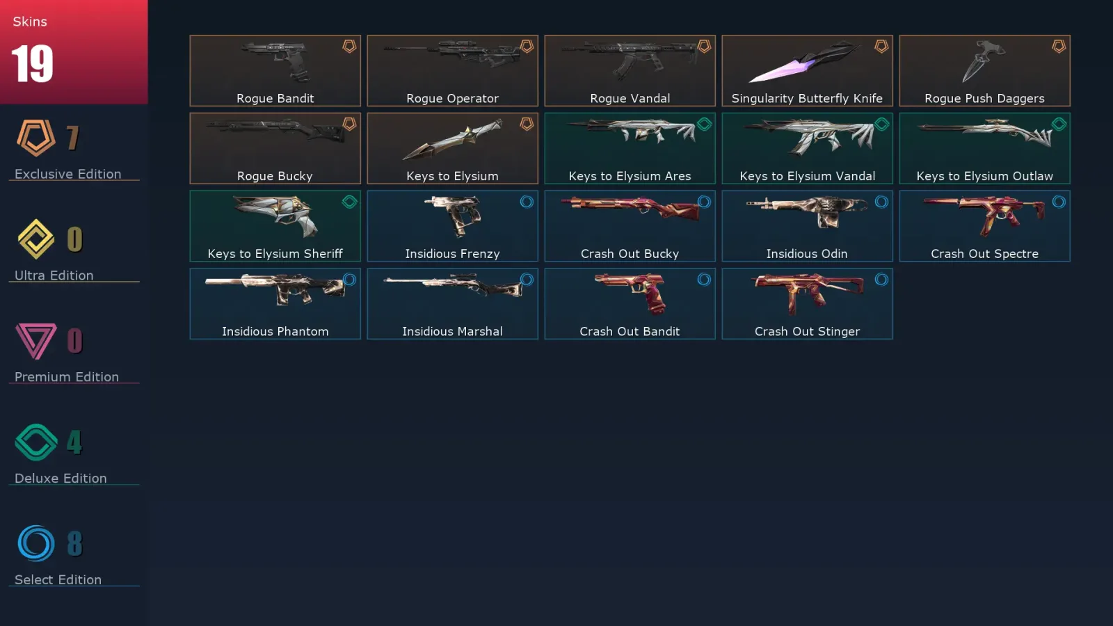 [Valorant] | EU | Level 28 | Ascendant 1 | 10 Agents | 19 Skins
