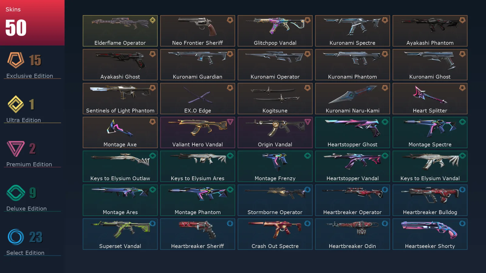 [Valorant] | EU | Level 61 | Platinum 1 | 18 Agents | 50 Skins