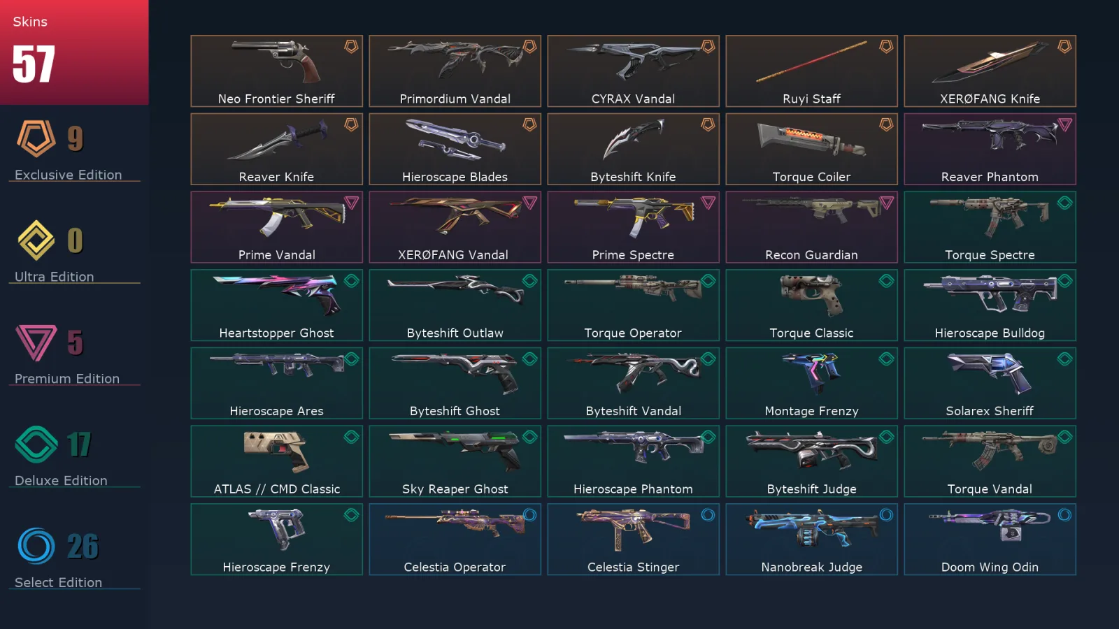 [Valorant] | EU | Level 182 | Diamond 1 | 29 Agents | 57 Skins