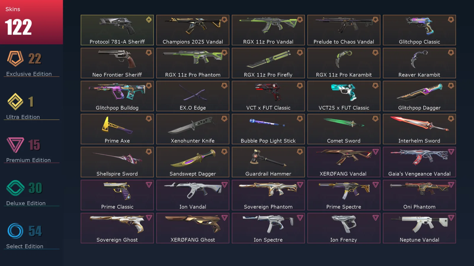 [Valorant] | EU | Level 169 | Platinum 1 | 28 Agents | 122 Skins