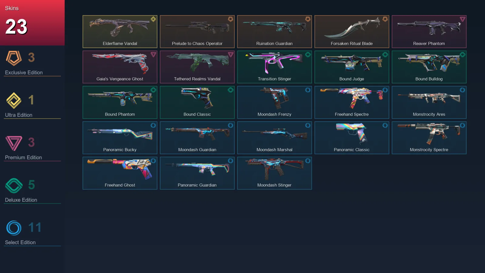 EU | Prelude to Chaos Operator | Ruination Guardian | Forsaken Ritual Blade | Elderflame Vandal | 23 Skin | 24 Agent | 39 Buddy | Lv66
