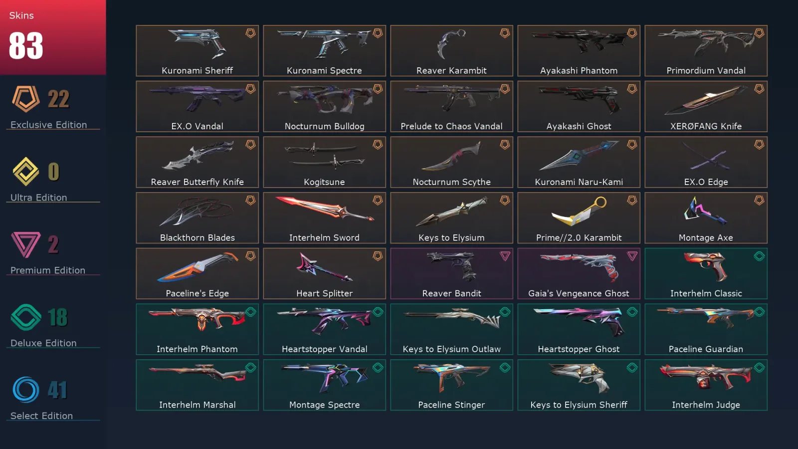 [Valorant] | EU | Level 148 | Diamond 2 | 19 Agents | 83 Skins