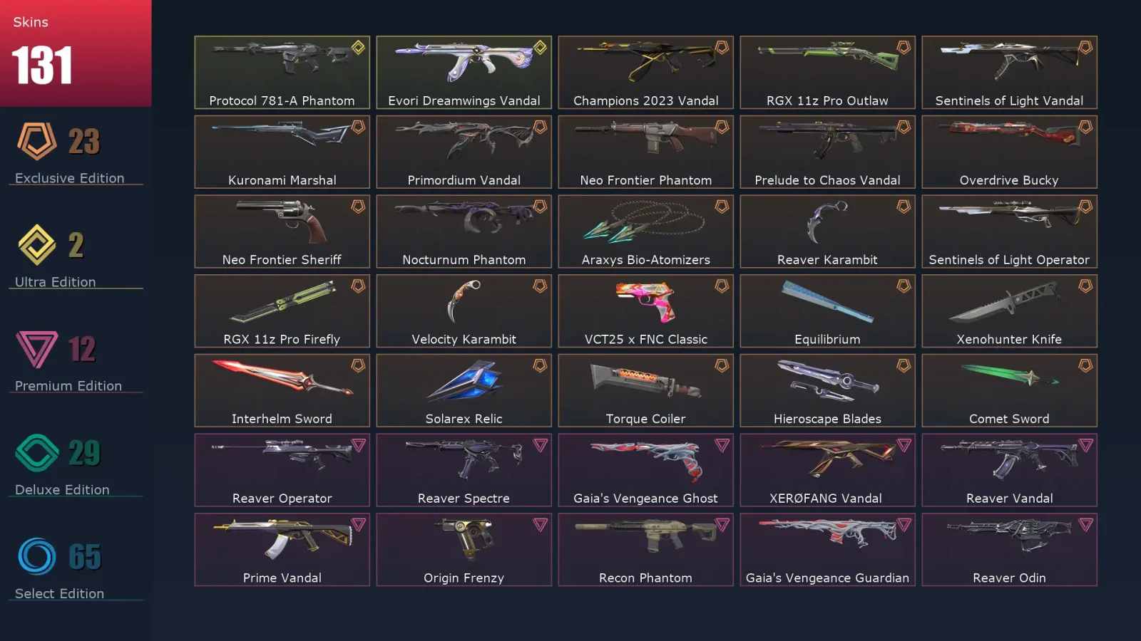 [Valorant] | EU | Level 311 | Gold 1 | 29 Agents | 131 Skins