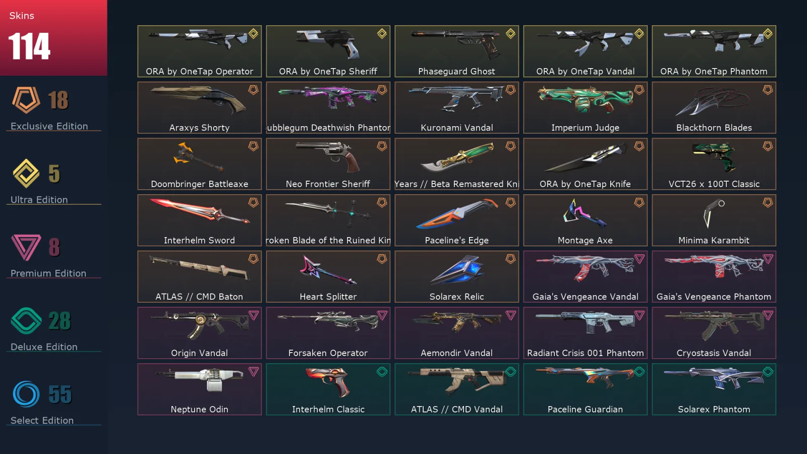 [Valorant] | EU | Level 117 | 29 Agents | 114 Skins