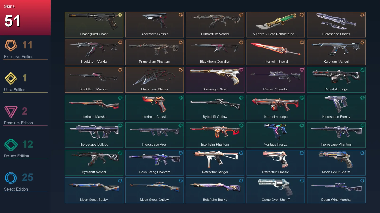 EU | Blackthorn Classic | Primordium Vandal | 5 Years // Beta Remastered Knife | Hieroscape Blades | 51 Skin | 29 Agent | 58 Buddy | Lv105
