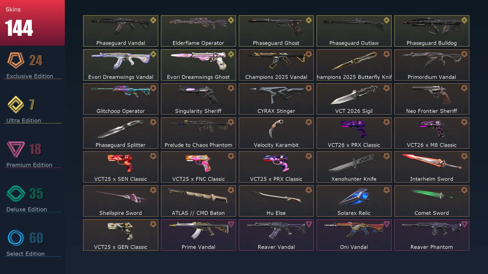 [Valorant] | EU | Level 218 | 28 Agents | 144 Skins