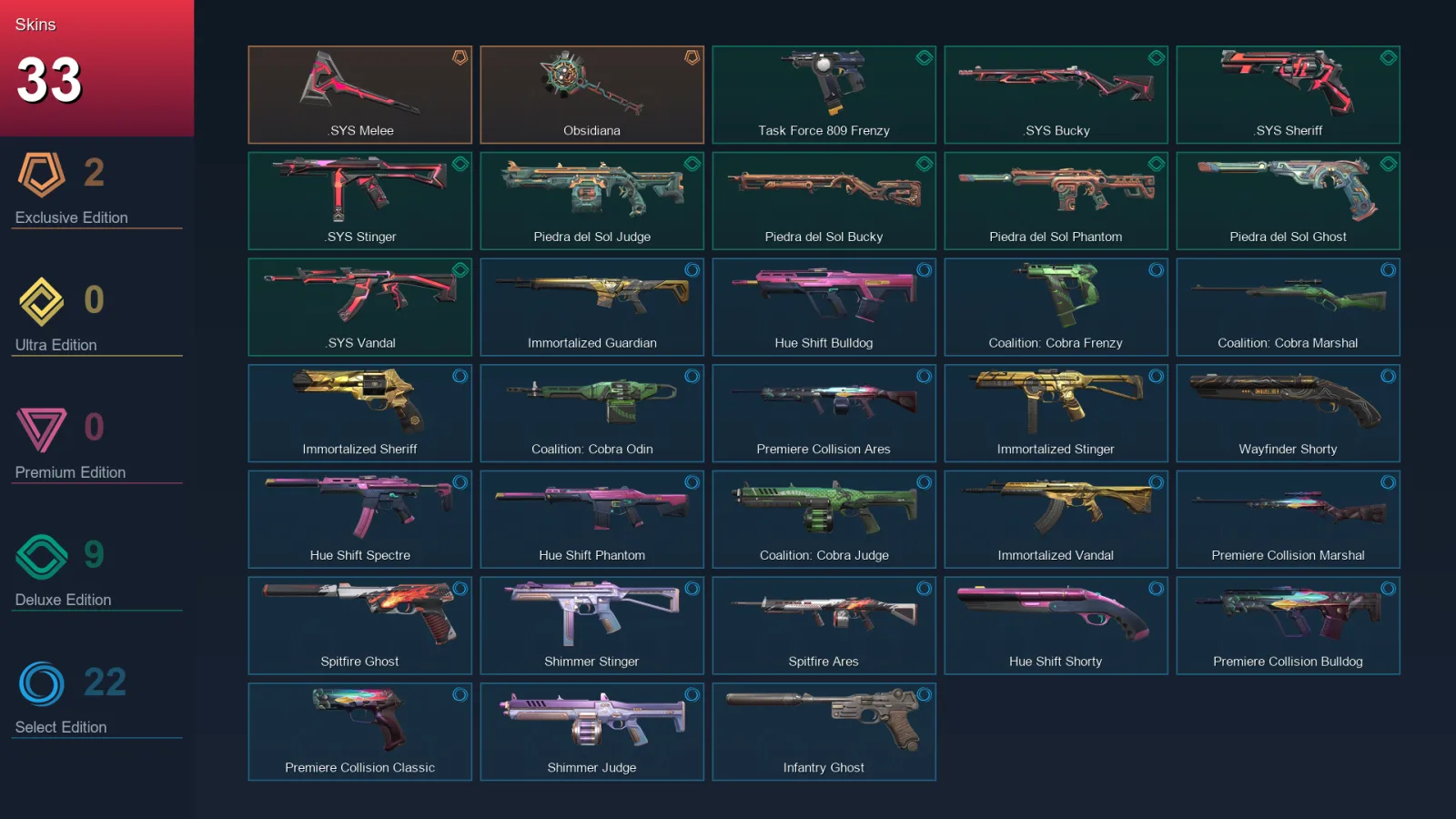 EU | .SYS Melee | Obsidiana | Task Force 809 Frenzy | .SYS Bucky | 33 Skin | 16 Agent | 37 Buddy | Lv43