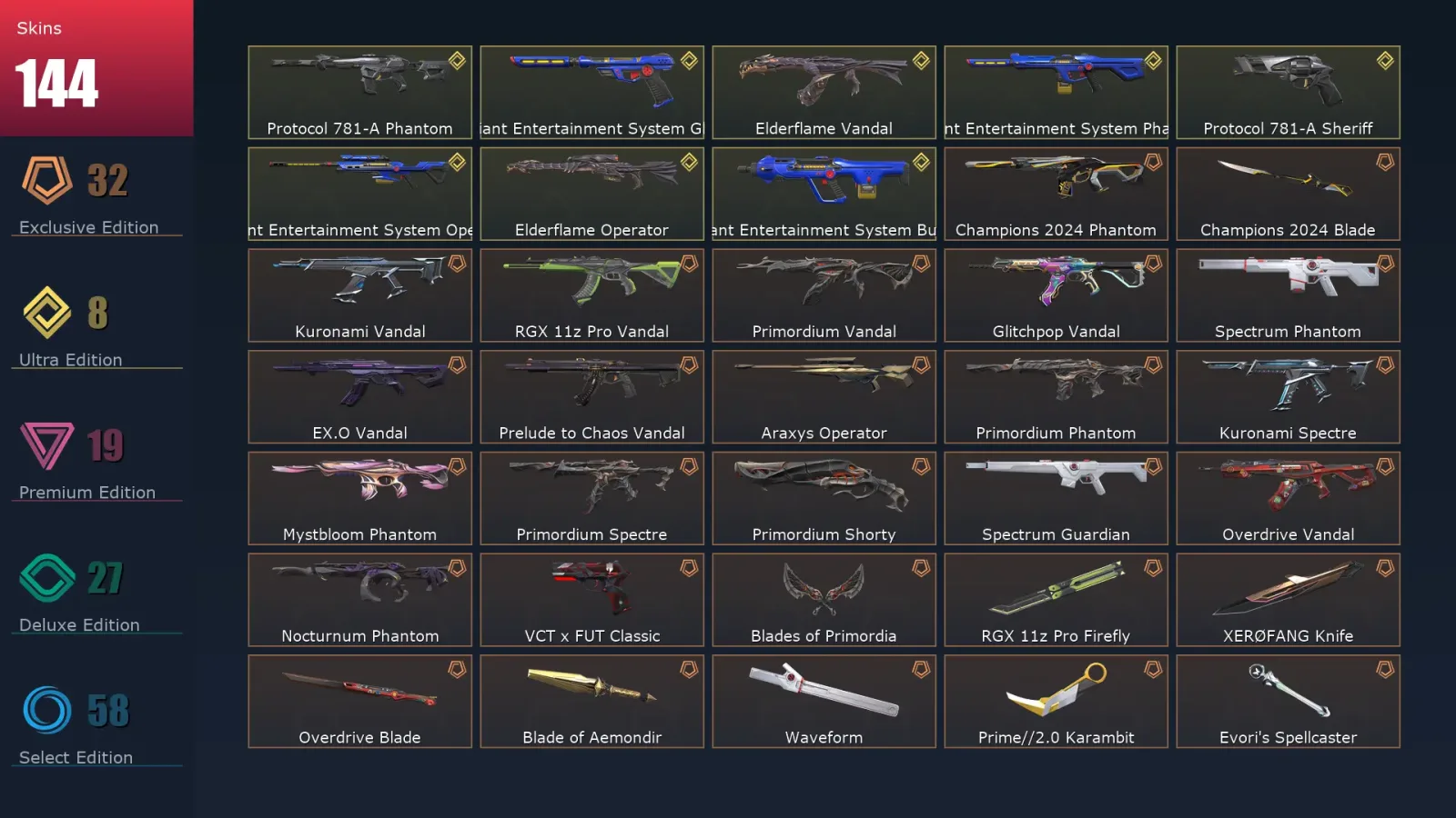 [Valorant] | EU | Level 102 | 29 Agents | 144 Skins