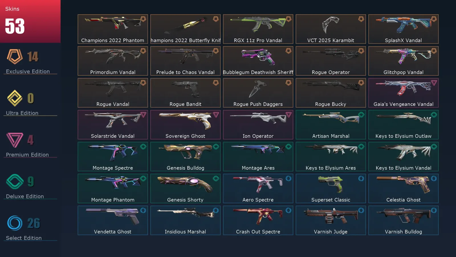 [Valorant] | EU | Level 159 | Diamond 3 | 29 Agents | 53 Skins