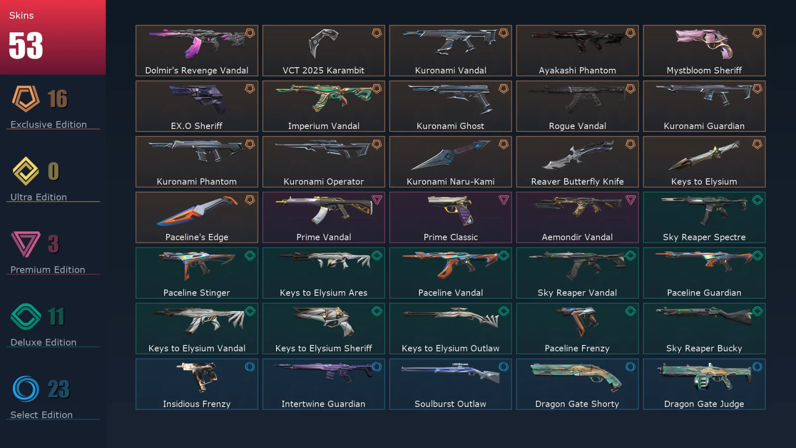 [Valorant] | EU | Level 91 | Ascendant 1 | 29 Agents | 53 Skins