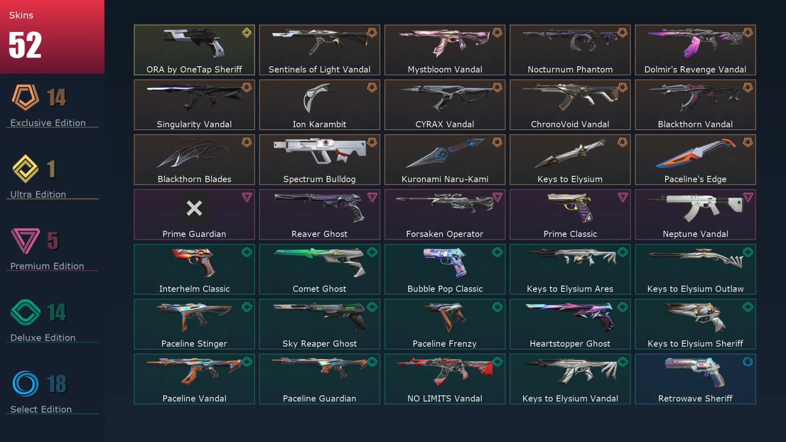 [Valorant] | EU | Level 268 | Gold 3 | 29 Agents | 52 Skins