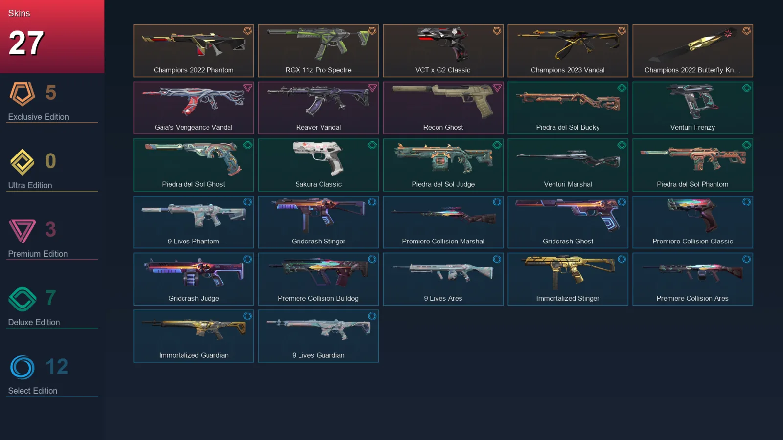 NA | Champions 2022 Phantom | RGX 11z Pro Spectre | VCT x G2 Classic | Champions 2023 Vandal | 27 Skin | 21 Agent | 34 Buddy | Lv59