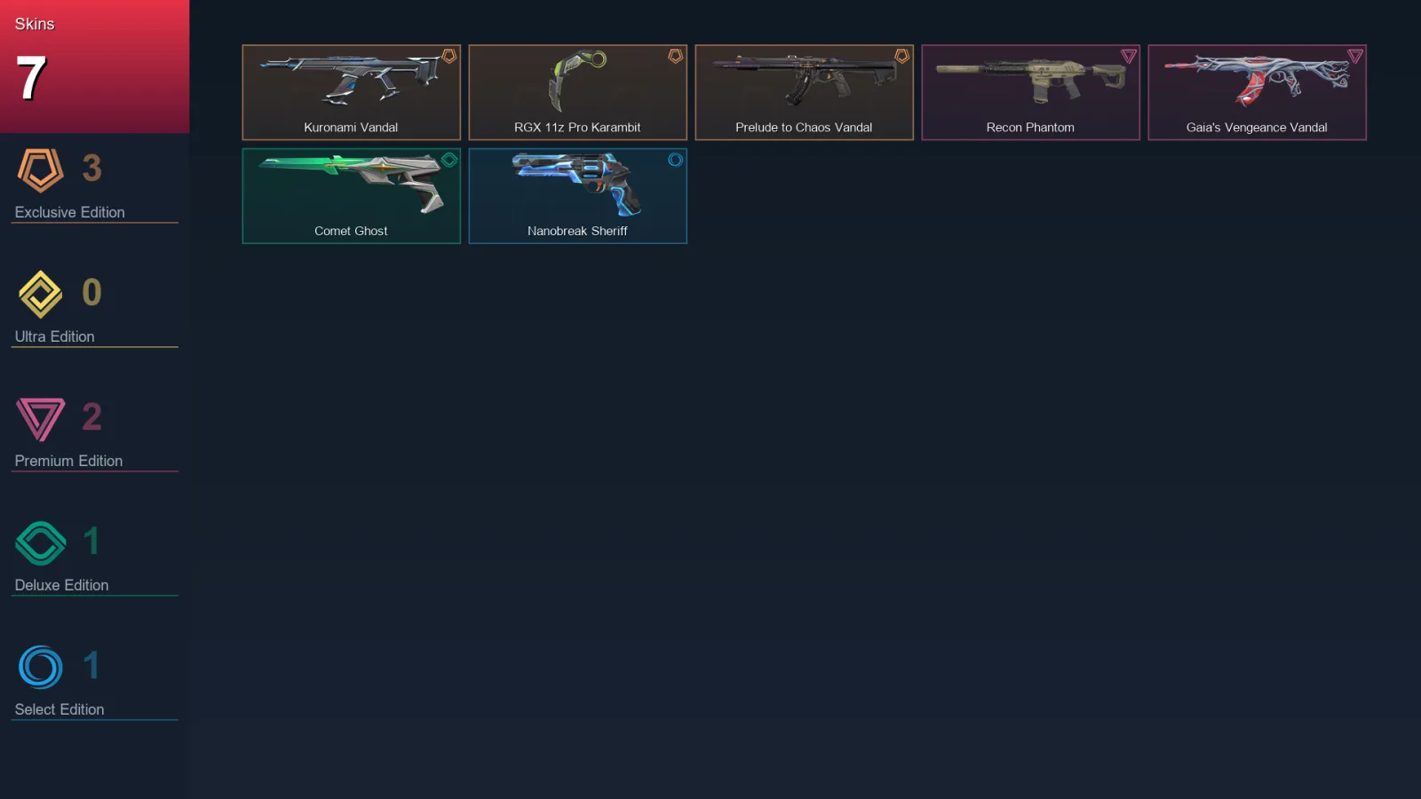 AP | Kuronami Vandal | RGX 11z Pro Karambit | Prelude to Chaos Vandal | Recon Phantom | 7 Skin | 25 Agent | 30 Buddy | Lv77