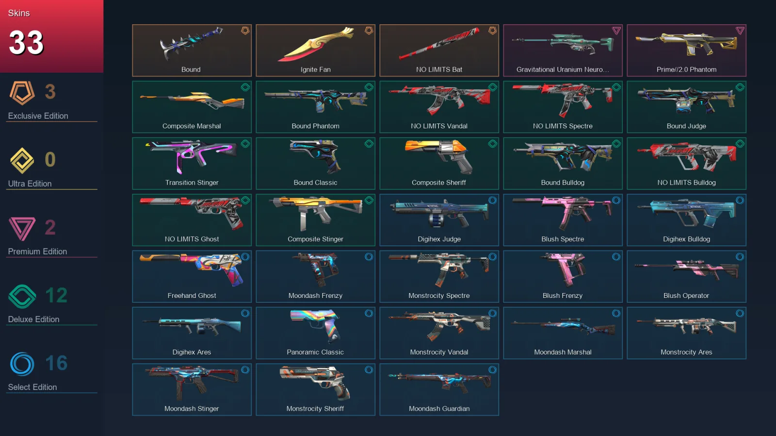NA | Lv34 | Unranked | 33 Skin | 13 Agent | 25 Buddy