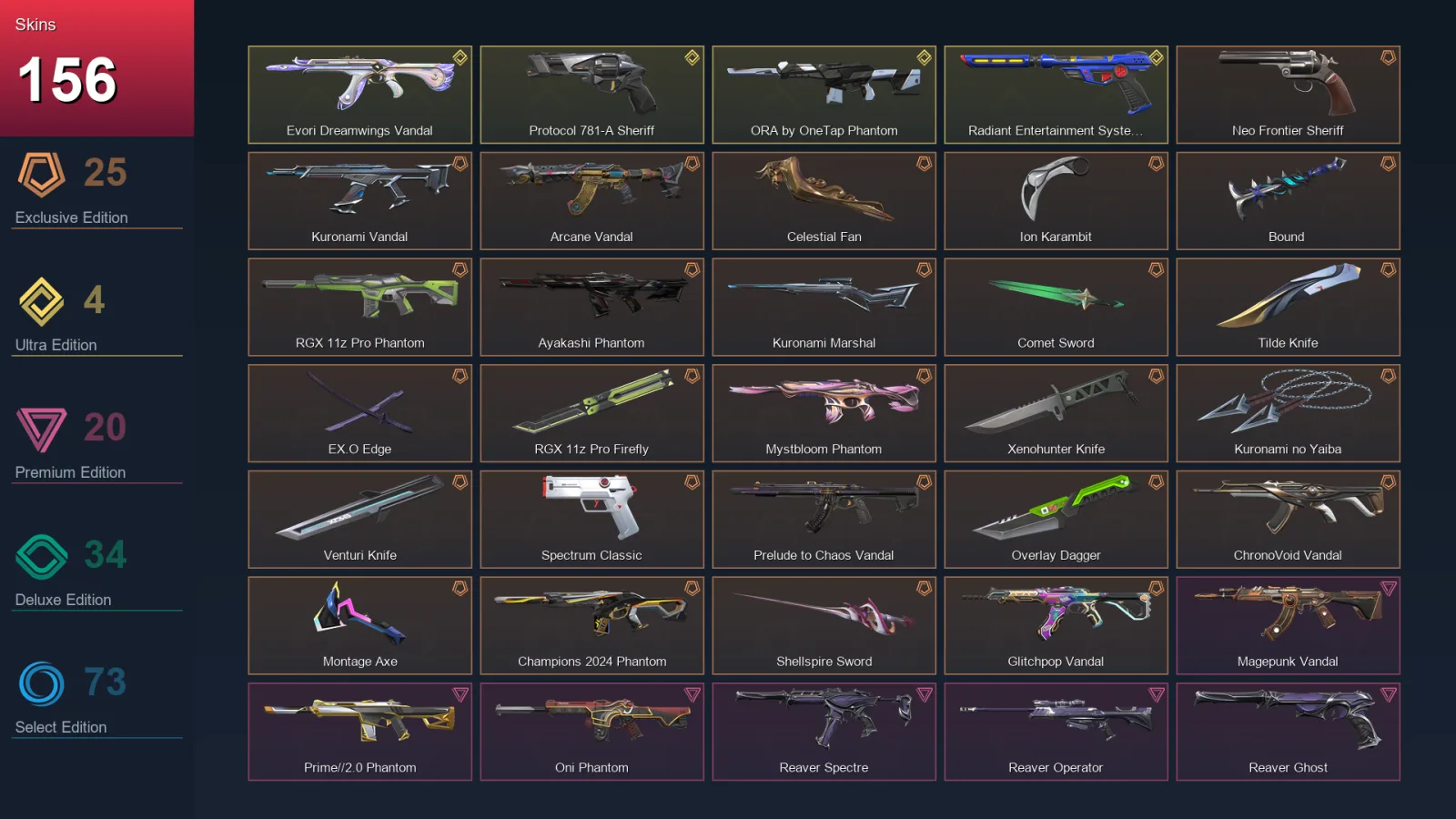 EU | Lv217 | Unranked | 156 Skin | 29 Agent | 131 Buddy — Valorant account