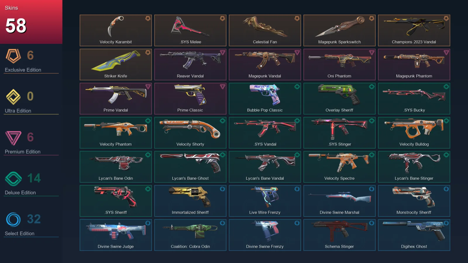 AP | Velocity Karambit | .SYS Melee | Celestial Fan | Magepunk Sparkswitch | 58 Skin | 26 Agent | 82 Buddy | Lv176