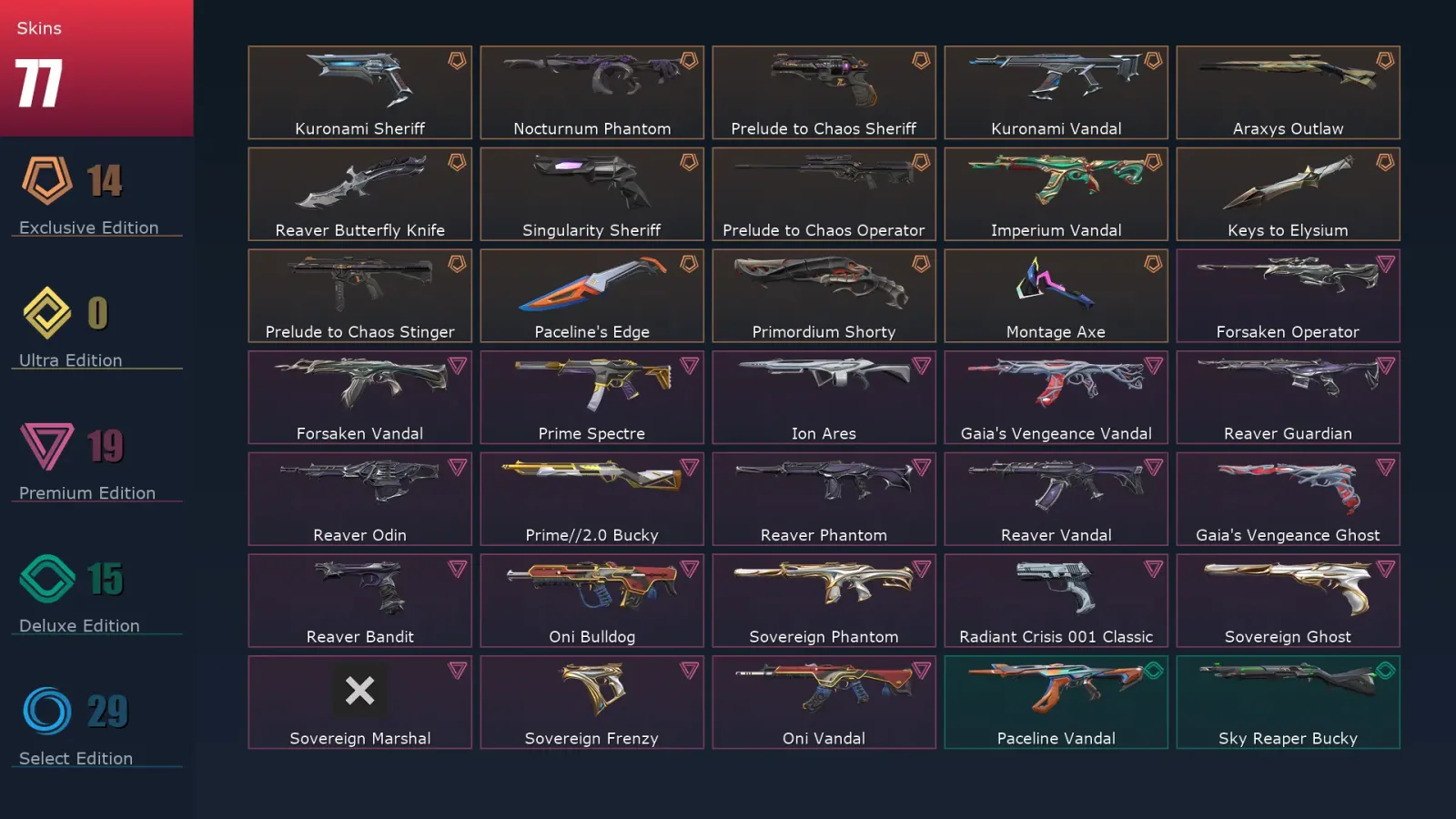 [Valorant] | EU | Level 74 | Platinum 2 | 21 Agents | 77 Skins