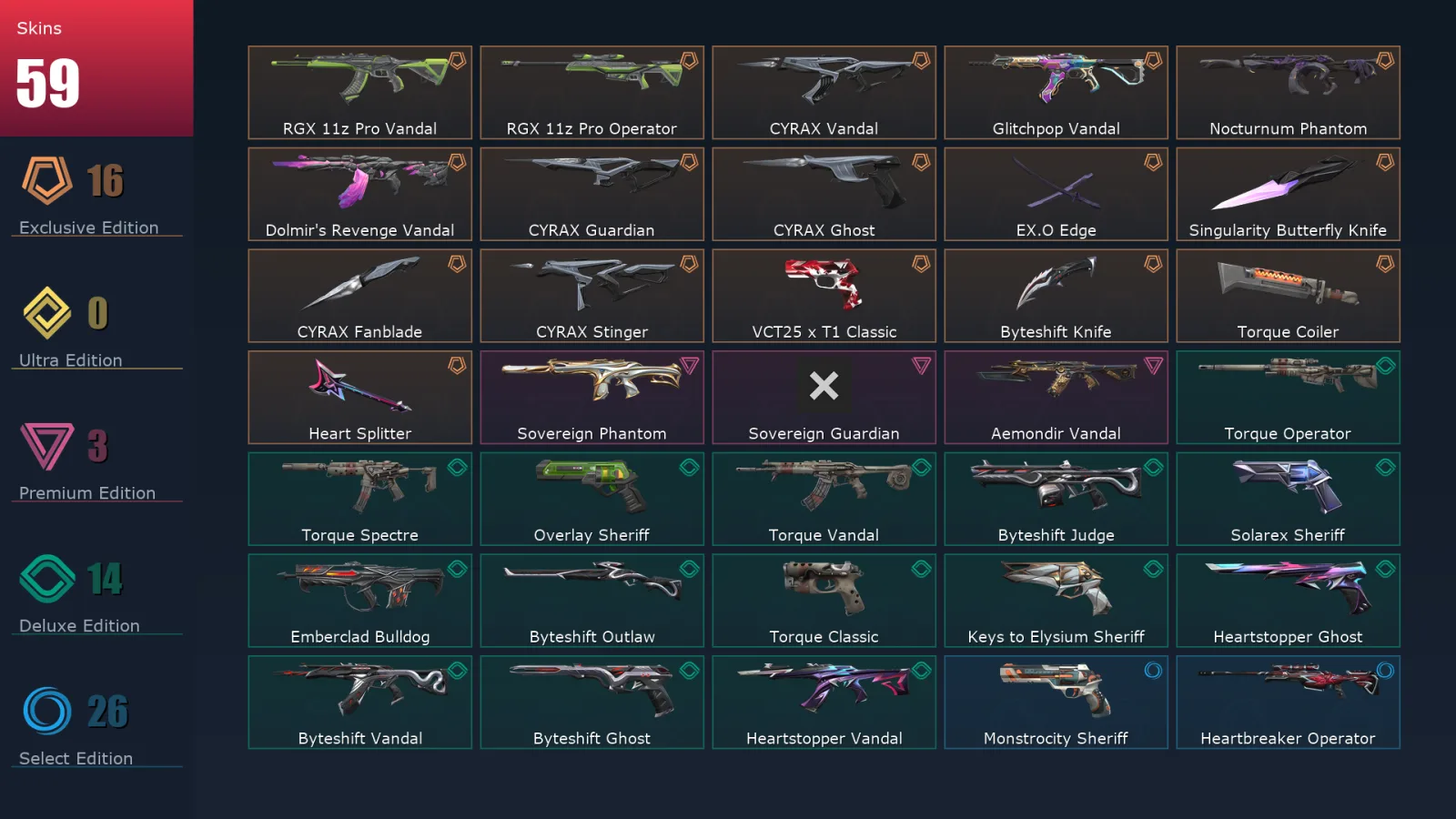 [Valorant] | EU | Level 147 | Platinum 3 | 29 Agents | 59 Skins