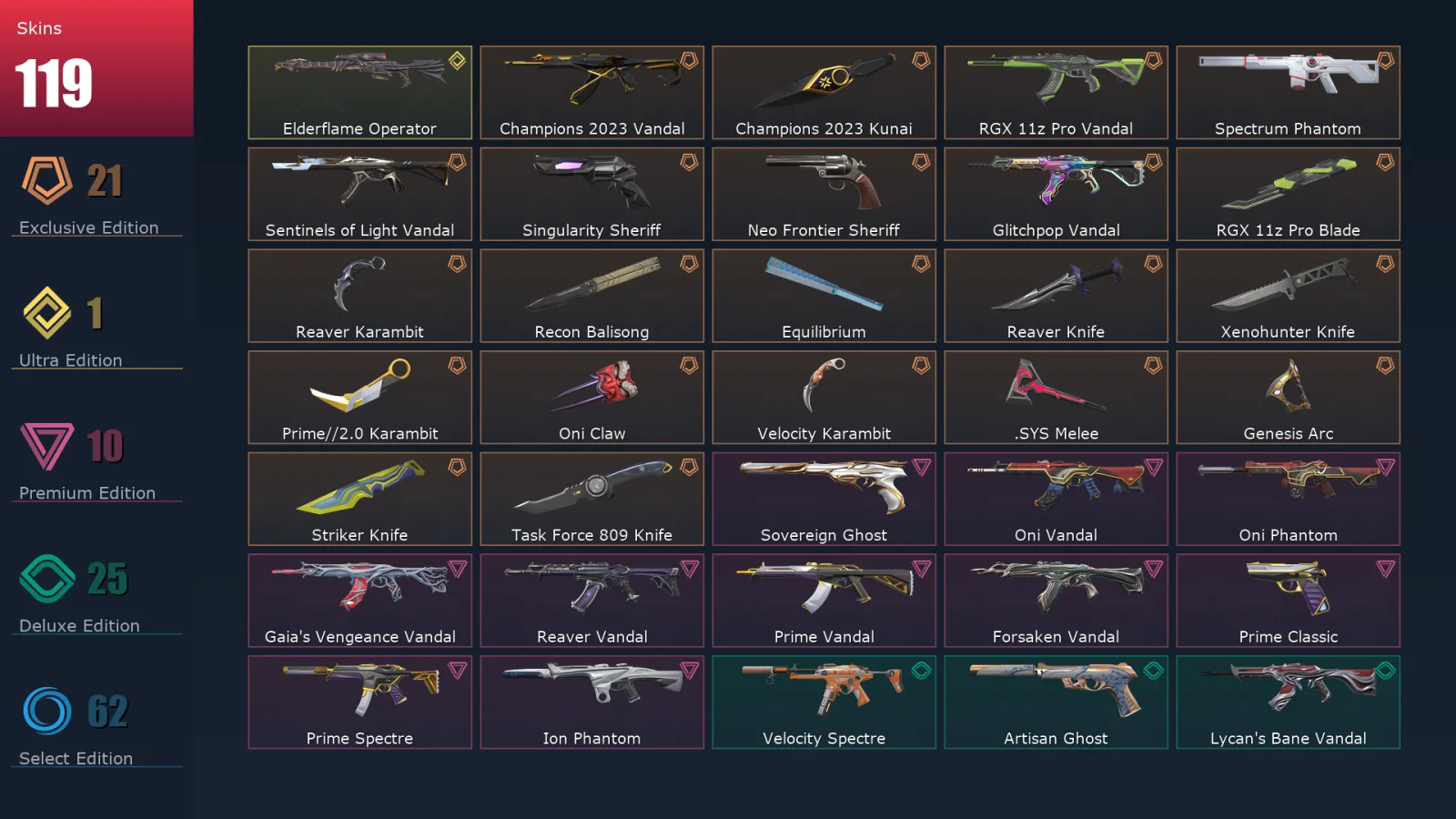 [Valorant] | EU | Level 291 | 24 Agents | 119 Skins